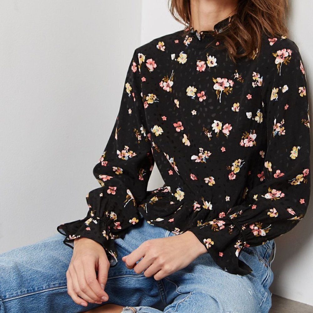 Topshop Women's Size 8 Floral Print High Neck Peplum Top Black Pink‎ Split Back